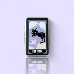 The Fool tarot card stash case by Cannabitches, lavender case with black cat art