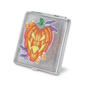 Pumpkin King stash case by Tarryn Ann, silver case with jack-o-lantern Halloween art