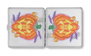 Pumpkin King stash case by Tarryn Ann, open case with two jack-o-lantern panels