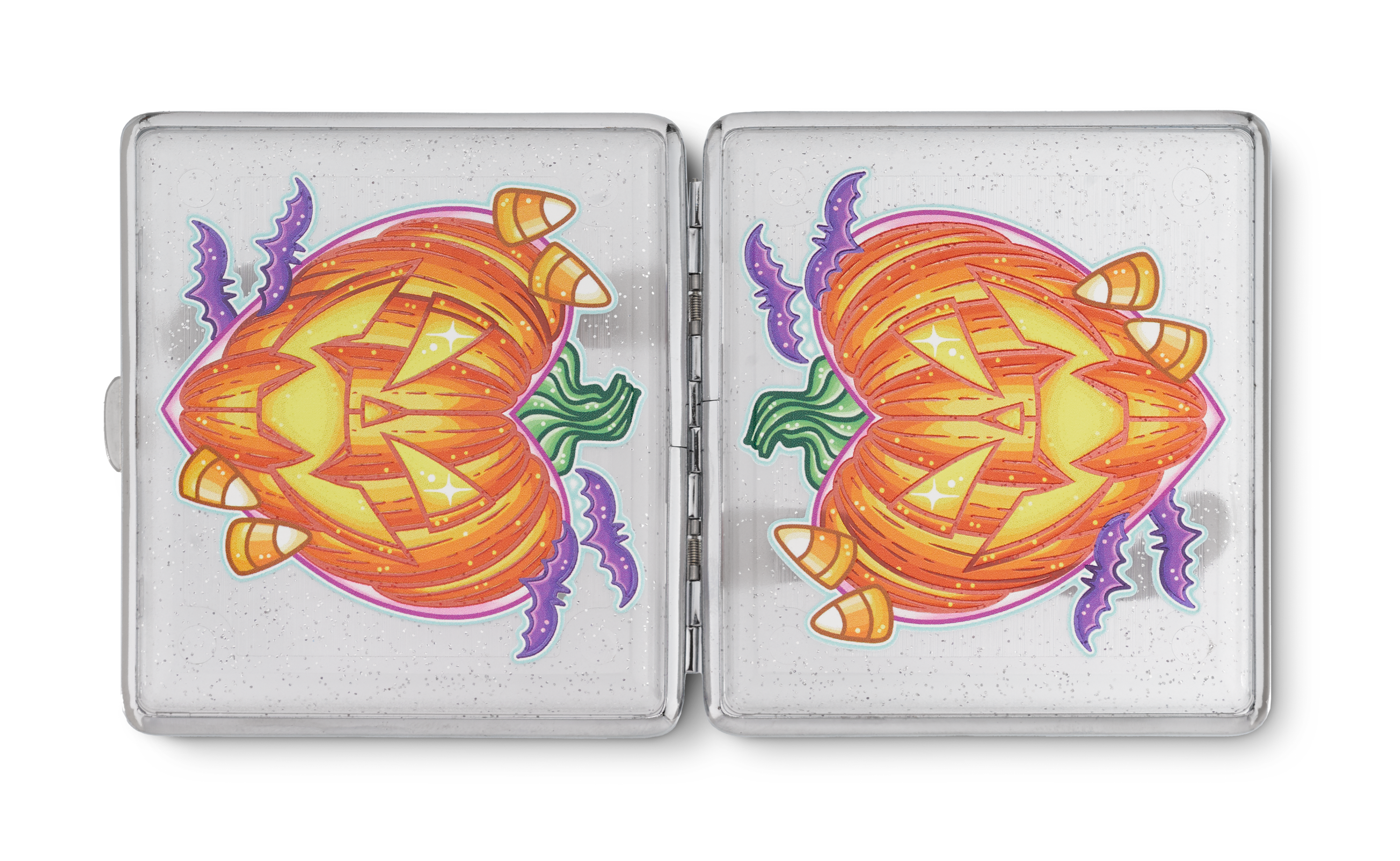 Pumpkin King stash case by Tarryn Ann, open case with two jack-o-lantern panels