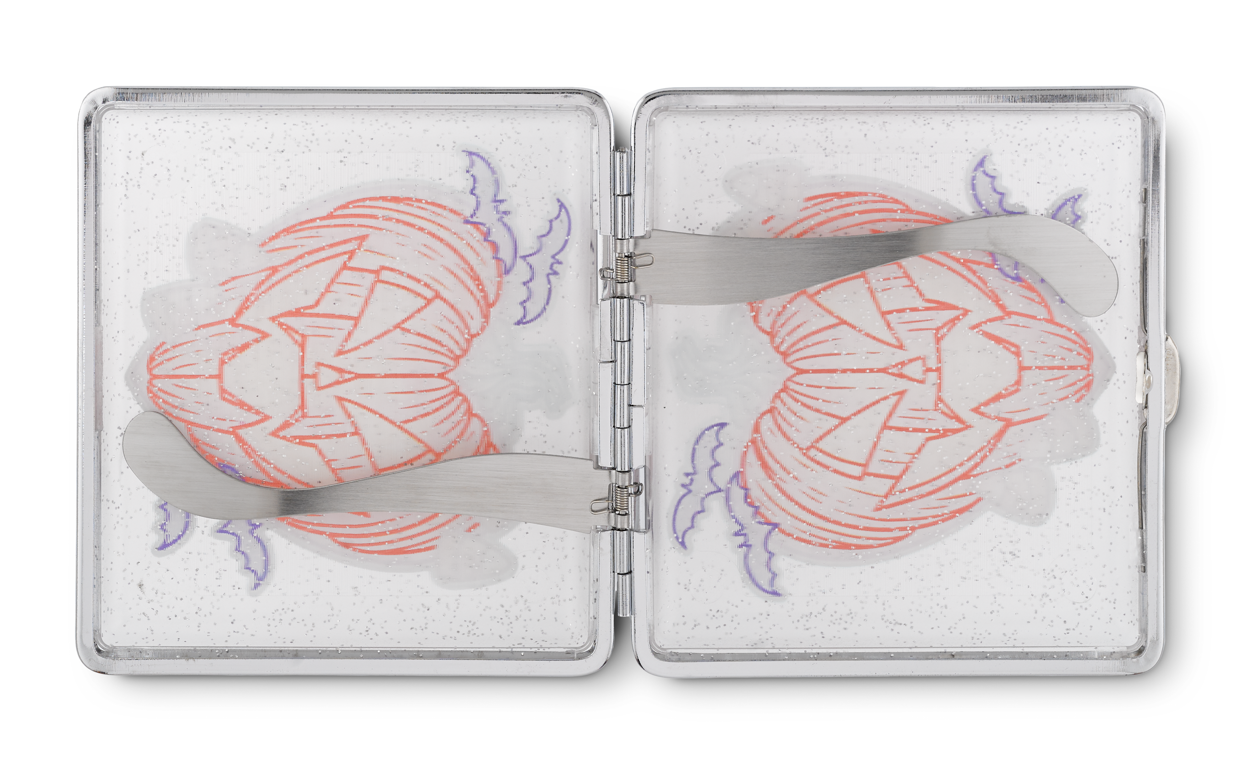 Pumpkin King stash case by Tarryn Ann, open metal case holding pre-rolled joints