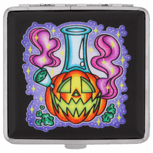 Smoking Jack-O-Lantern stash case, Cannabitches x Tarryn Ann pumpkin bong artwork