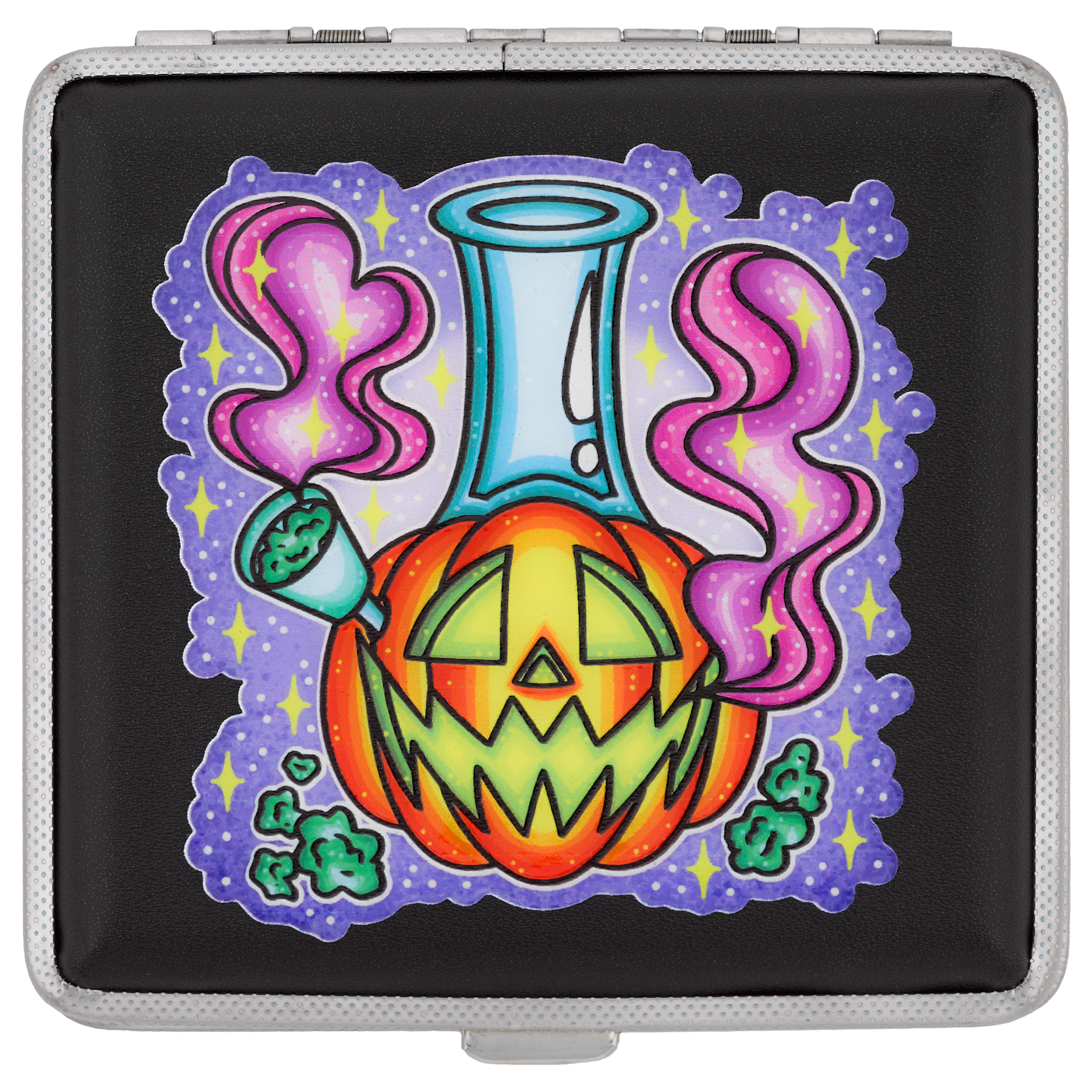 Smoking Jack-O-Lantern stash case, Cannabitches x Tarryn Ann pumpkin bong artwork