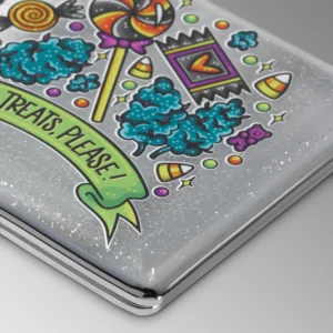Just Treats Please Halloween stash case by Tarryn Ann, close-up of the candy artwork