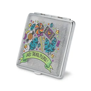 Just Treats Please Halloween stash case by Tarryn Ann, spooky candy artwork, closed