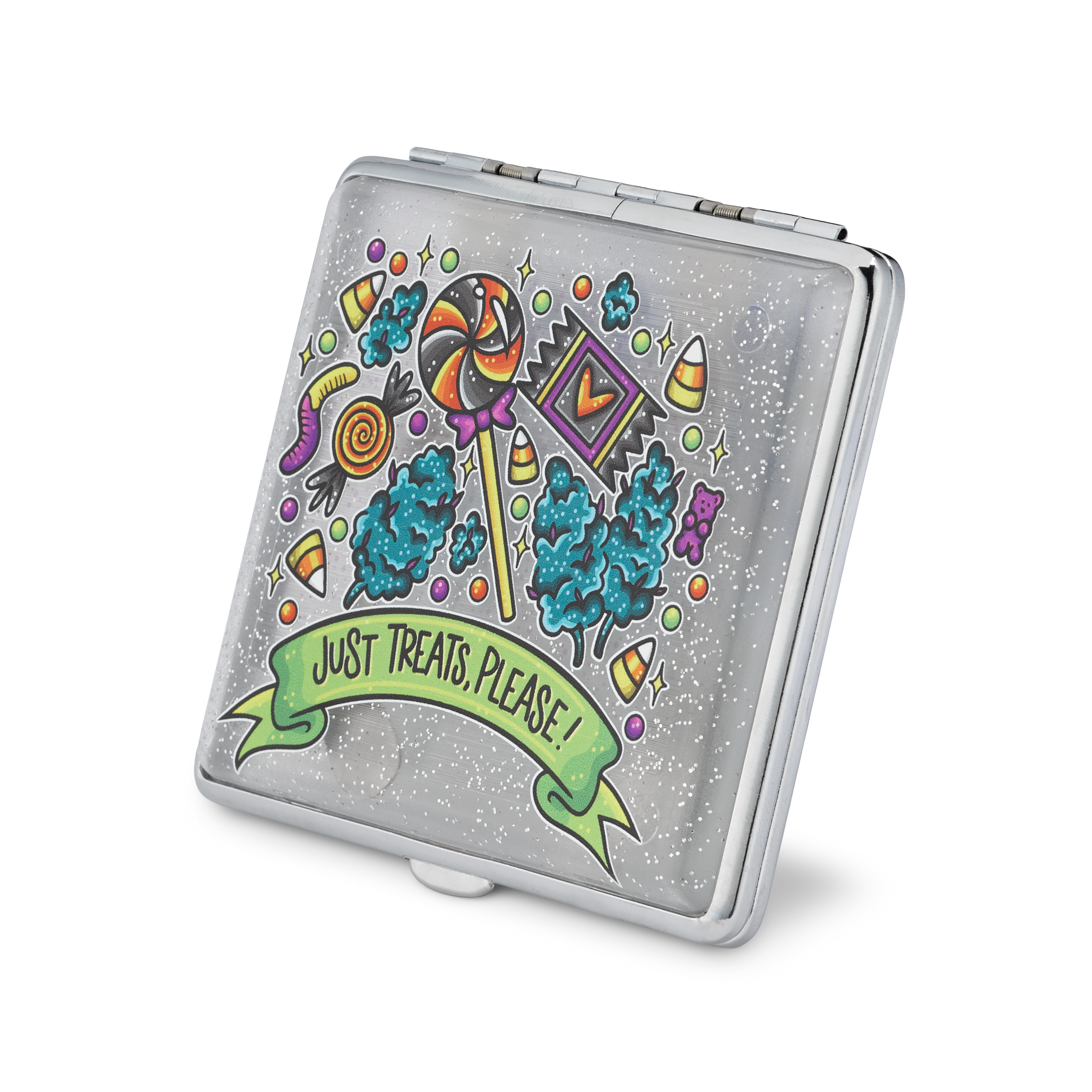 Just Treats Please Halloween stash case by Tarryn Ann, spooky candy artwork, closed