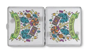 Just Treats Please Halloween stash case by Tarryn Ann, open with candy artwork panels