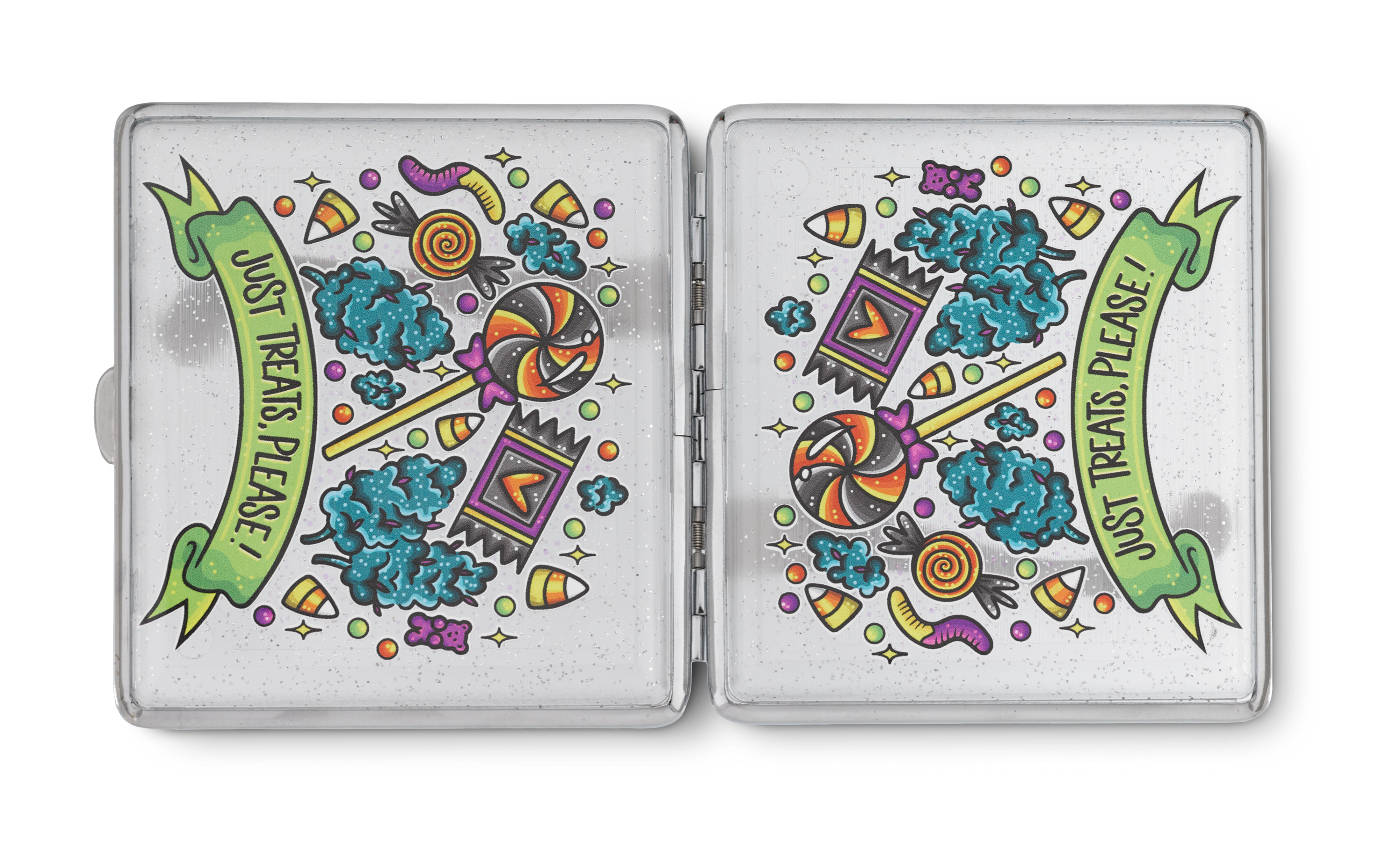 Just Treats Please Halloween stash case by Tarryn Ann, open with candy artwork panels