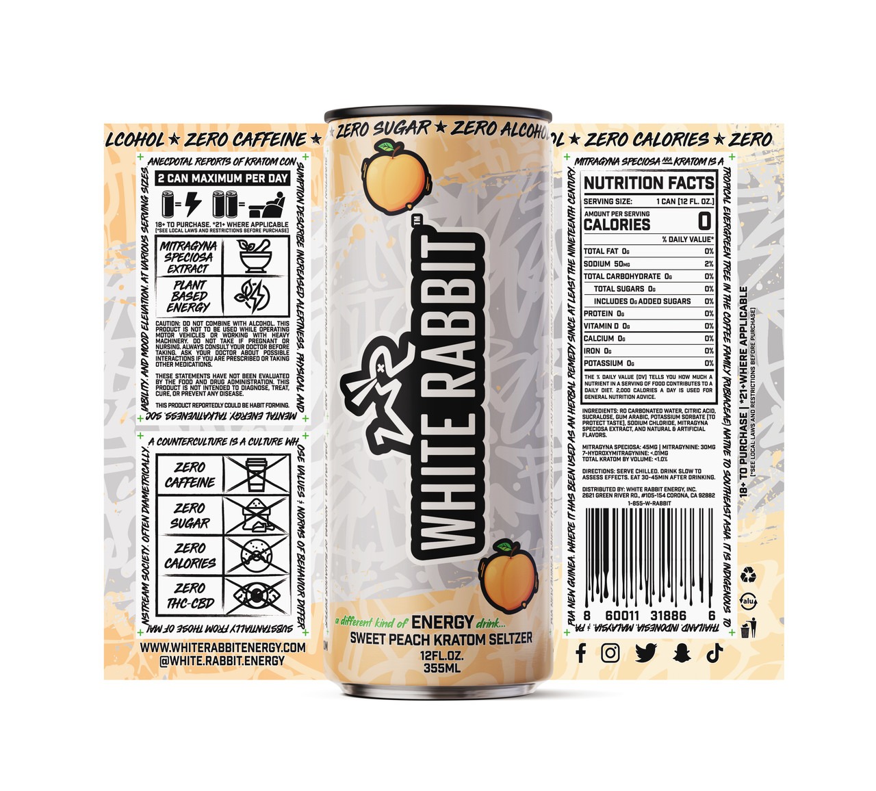 White Rabbit Kratom Seltzer - Sweet Peach Label