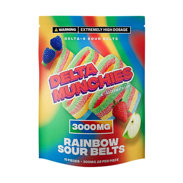 Delta Munchies D8 Sour Belts, Rainbow, 3000mg