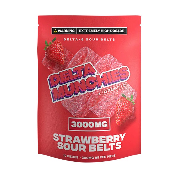 Delta Munchies D8 Sour Belts, Strawberry, 3000mg
