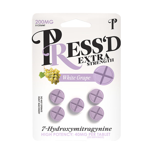 Press'd Extra Strength 7-Hydroxy Tablets, 200mg, 5ct, White Grape flavor.