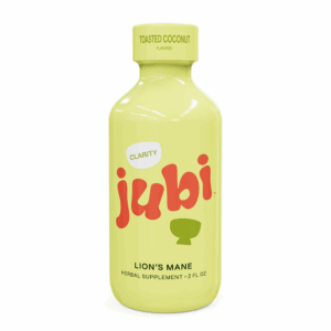 Jubi Lion's Mane Clarity and Energy shot, yellow-green bottle with red Jubi logo