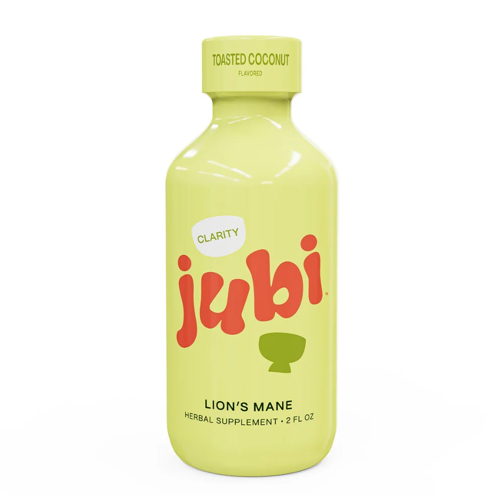 Jubi Lion's Mane Clarity and Energy shot, yellow-green bottle with red Jubi logo
