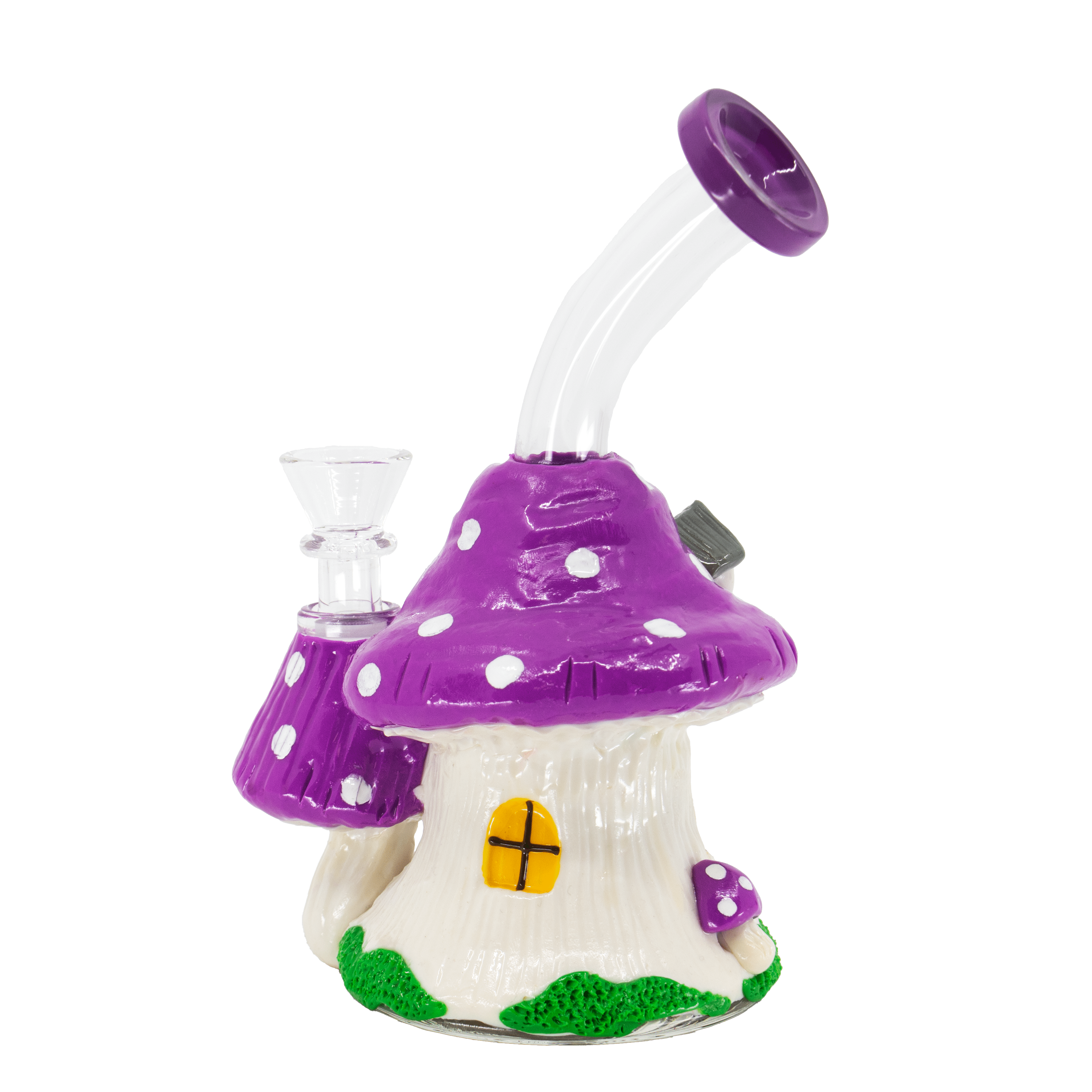 Purple Cottage Bong, mushroom house fantasy glass bong with purple spotted cap