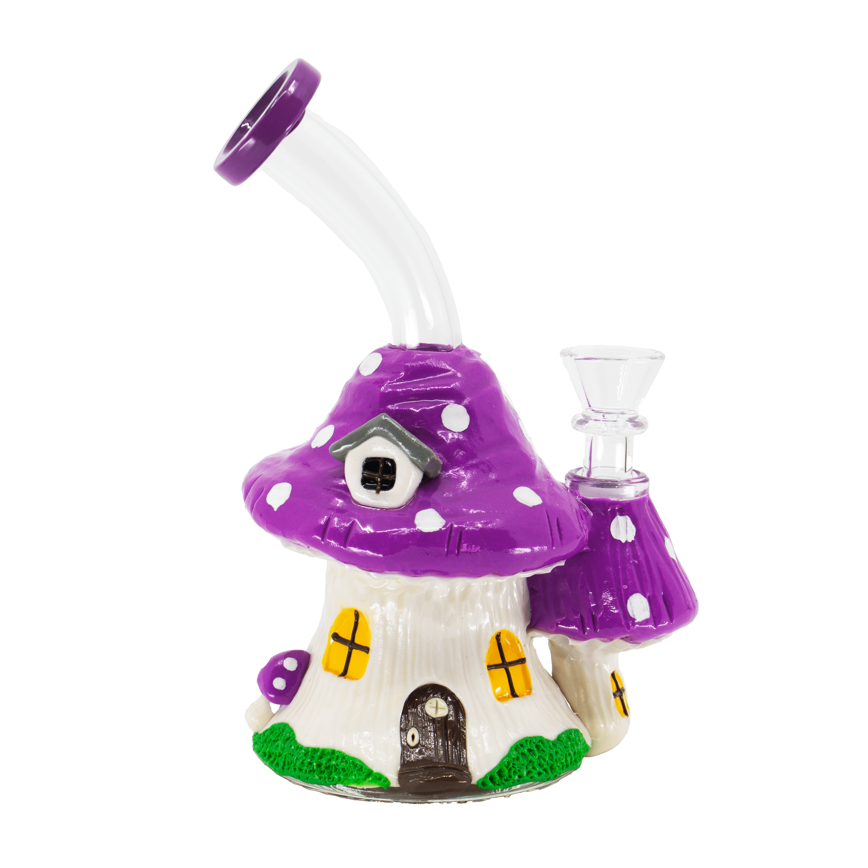 Purple Cottage bong, purple mushroom house fantasy glass water pipe, front product view
