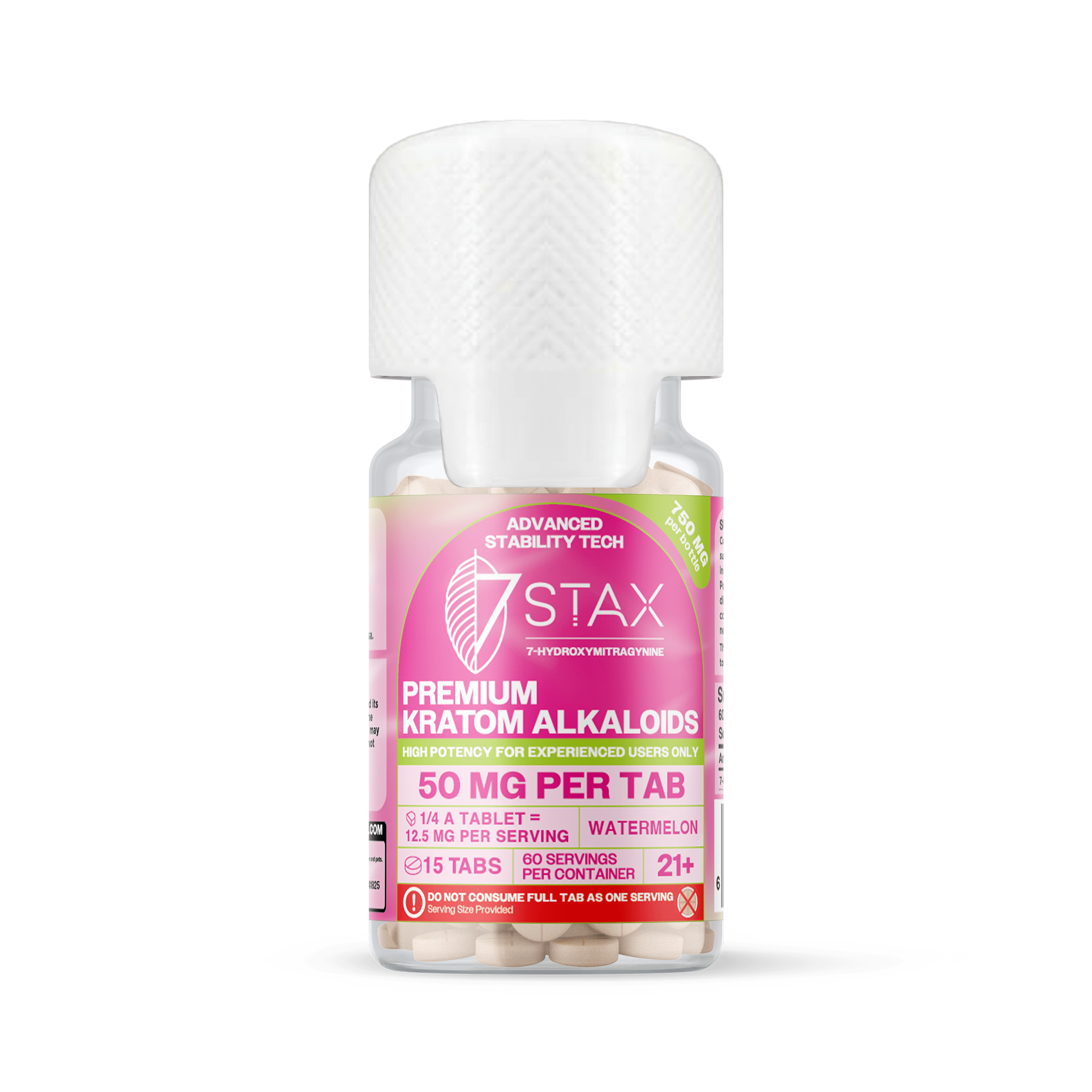 7Stax premium 7-OH kratom alkaloid tablets in watermelon, 50mg each, 15-count bottle
