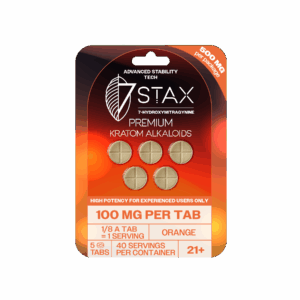 7Stax premium 7-OH kratom alkaloid tablets in orange flavor, 100mg each, 5-count blister