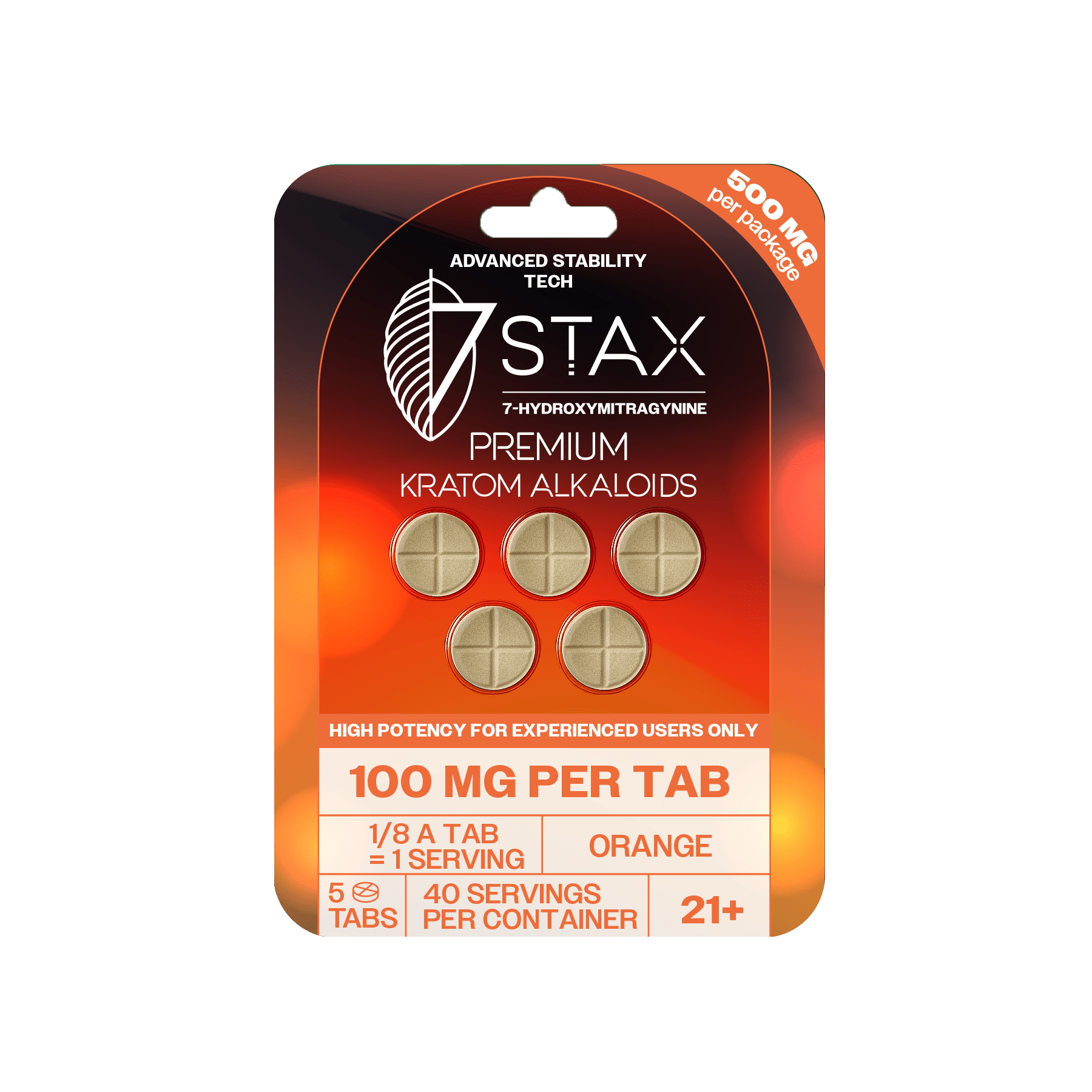 7Stax premium 7-OH kratom alkaloid tablets in orange flavor, 100mg each, 5-count blister