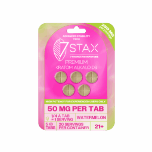 7Stax premium 7-OH kratom alkaloid tablets in watermelon, 50mg each, pink 5-count pack