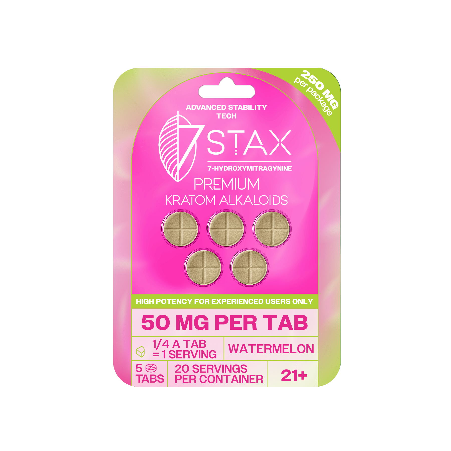 7Stax premium 7-OH kratom alkaloid tablets in watermelon, 50mg each, pink 5-count pack