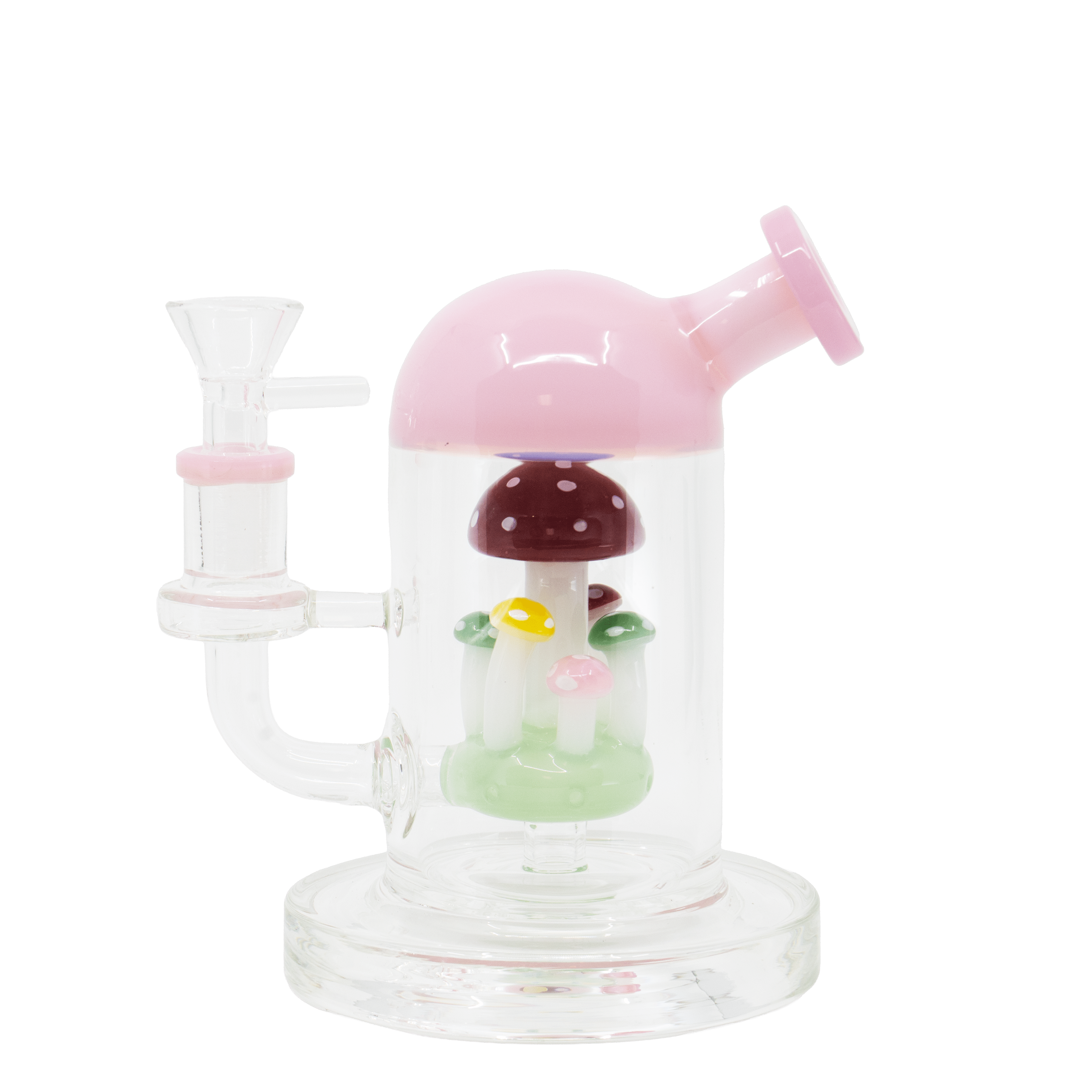 Pink Mushroom Dab Rig, fairycore mini percolator with pink cap and mushroom inside