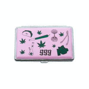 Zoot Pink joint case by Em Hashh, pink case with doodled smoking accessories art