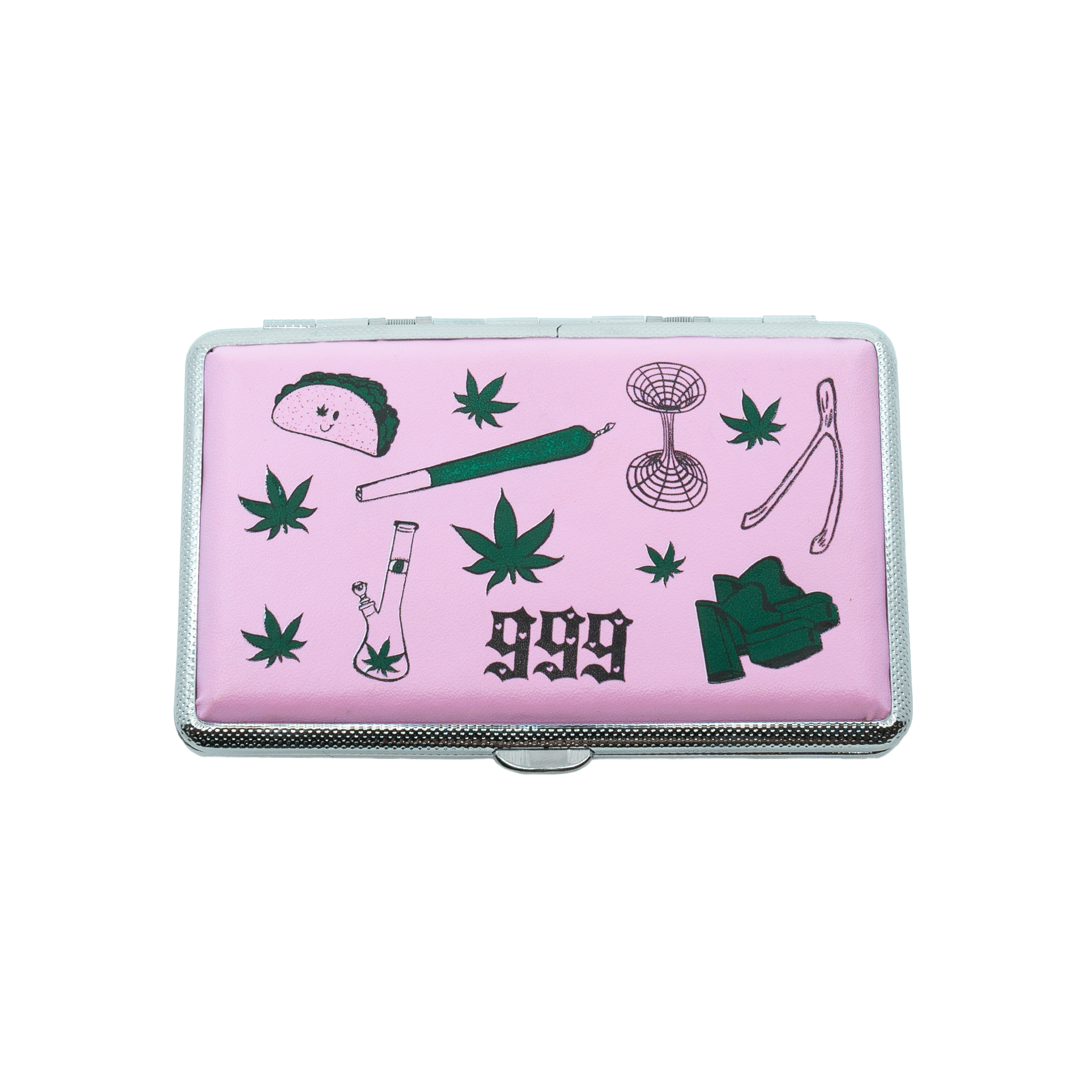 Zoot Pink joint case by Em Hashh, pink case with doodled smoking accessories art