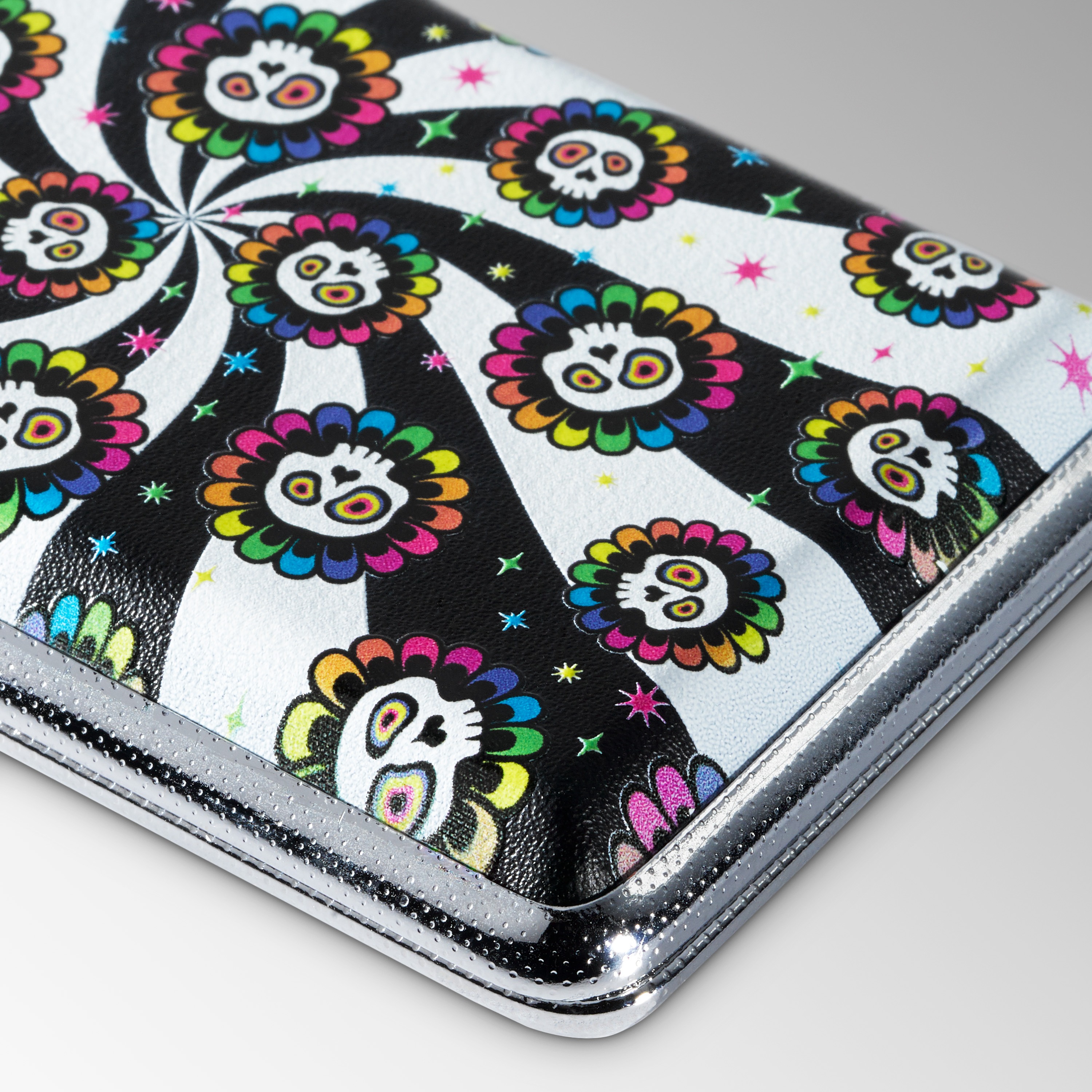Dead Head joint case, angled view of the colorful sugar skull design on the lid