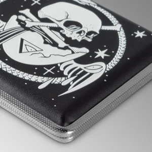 Cosmic Alchemy joint case by XinaXiii, close-up of skull and crescent moon artwork