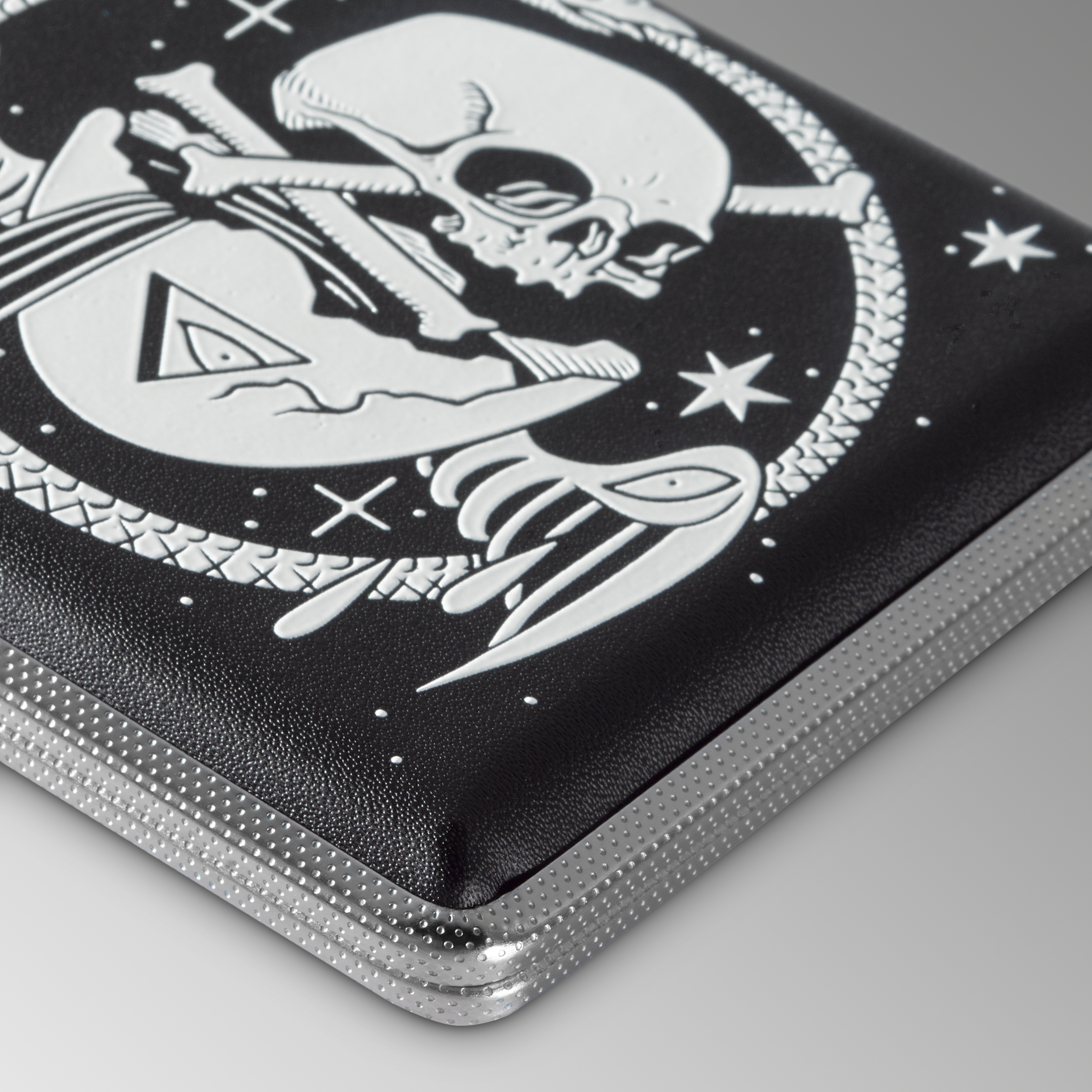 Cosmic Alchemy joint case by XinaXiii, close-up of skull and crescent moon artwork