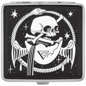 Cosmic Alchemy joint case by XinaXiii, metal stash box with skull and snake artwork