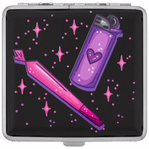 Puff Puff Pass stash case by Tarryn Ann, black case with purple lighter and joint art