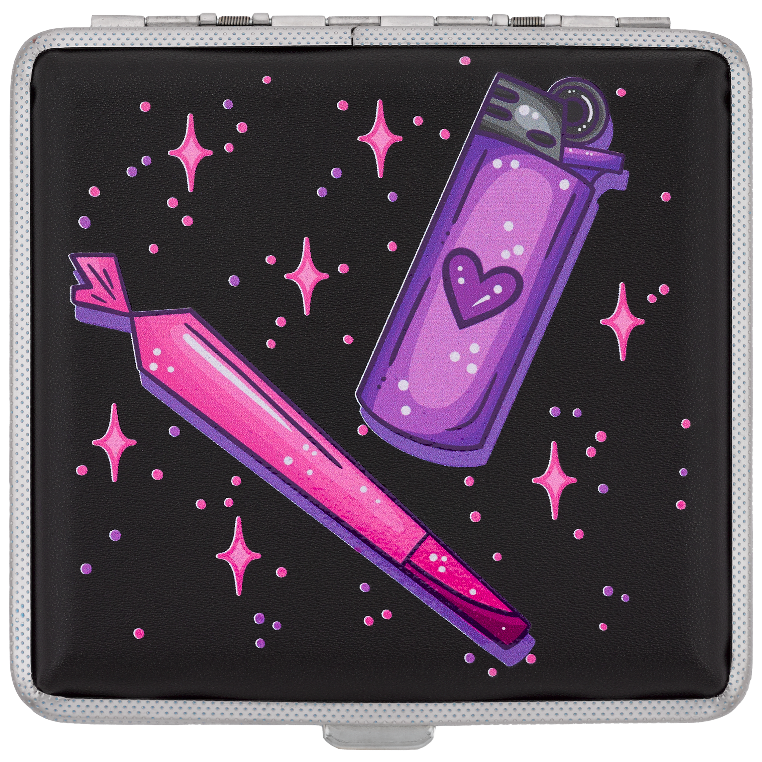Puff Puff Pass stash case by Tarryn Ann, black case with purple lighter and joint art