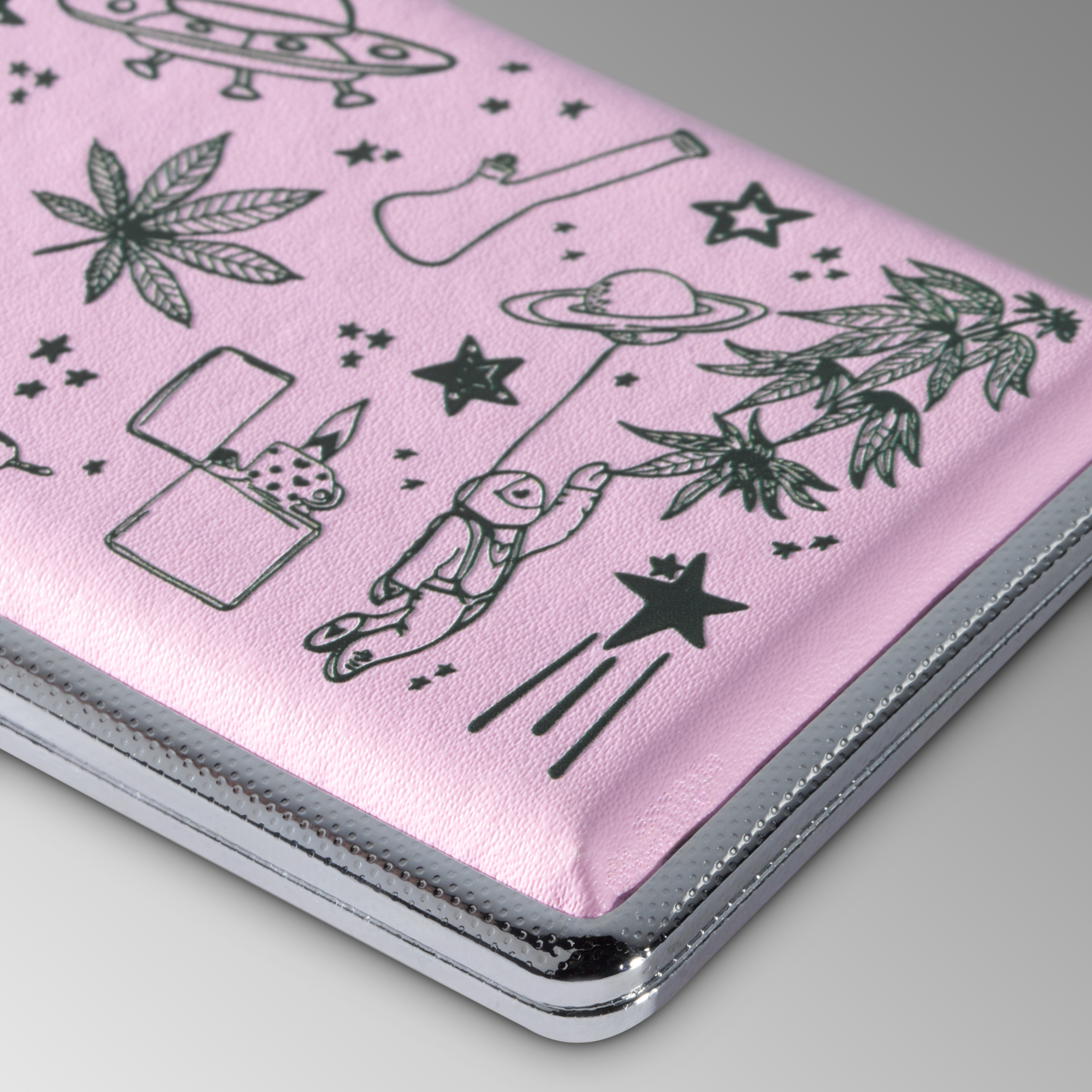 Feelin' Spacey pink stash case by Em Hashh, pink faux leather with cosmic doodle art