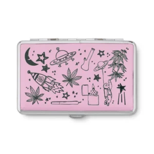 Feelin' Spacey pink stash case by Em Hashh, cosmic art faux leather joint holder