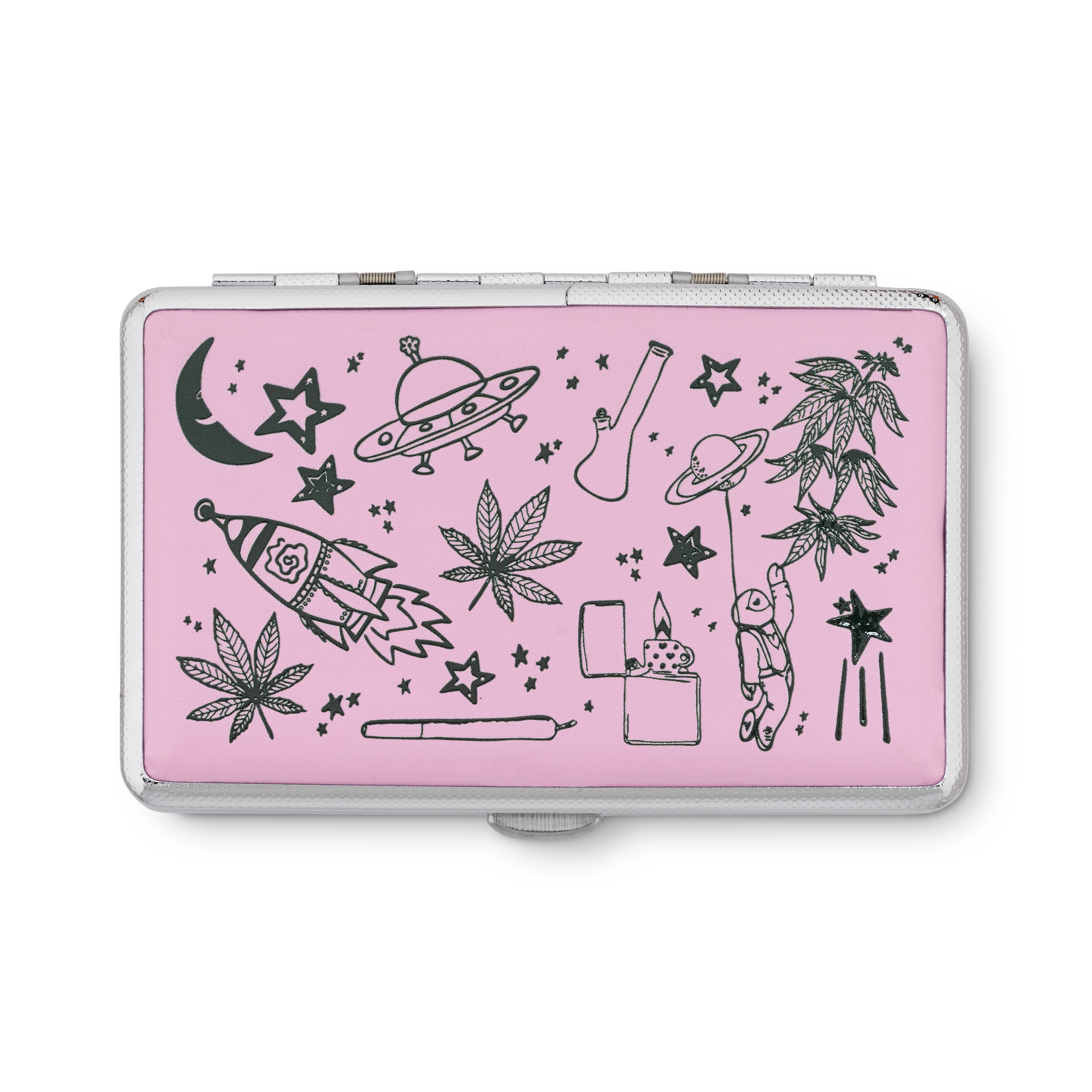Feelin' Spacey pink stash case by Em Hashh, cosmic art faux leather joint holder