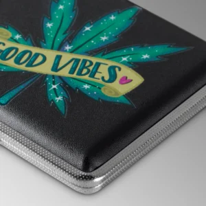 Good Vibes stash case by Tarryn Ann, close-up of the colorful good vibes artwork