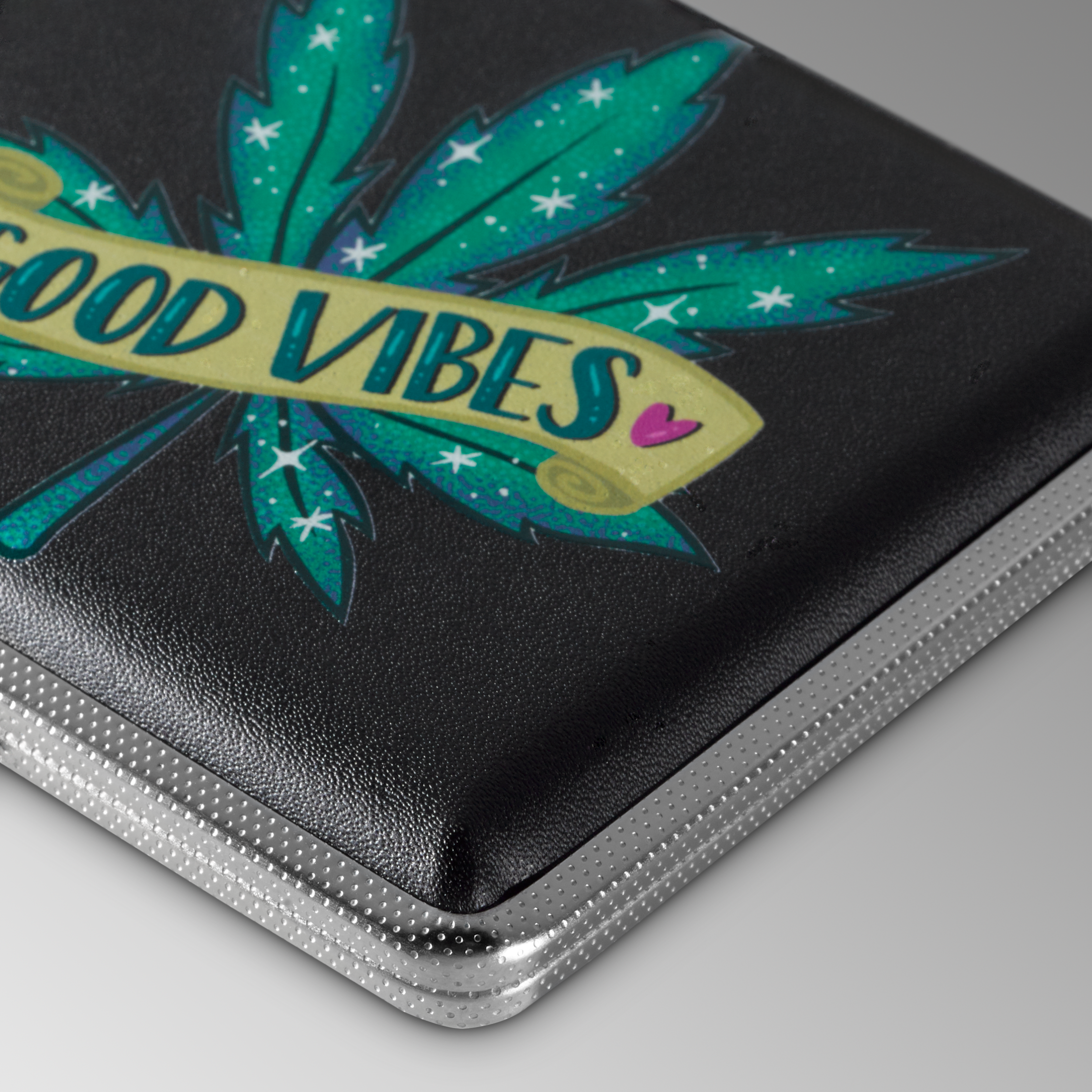 Good Vibes stash case by Tarryn Ann, close-up of the colorful good vibes artwork