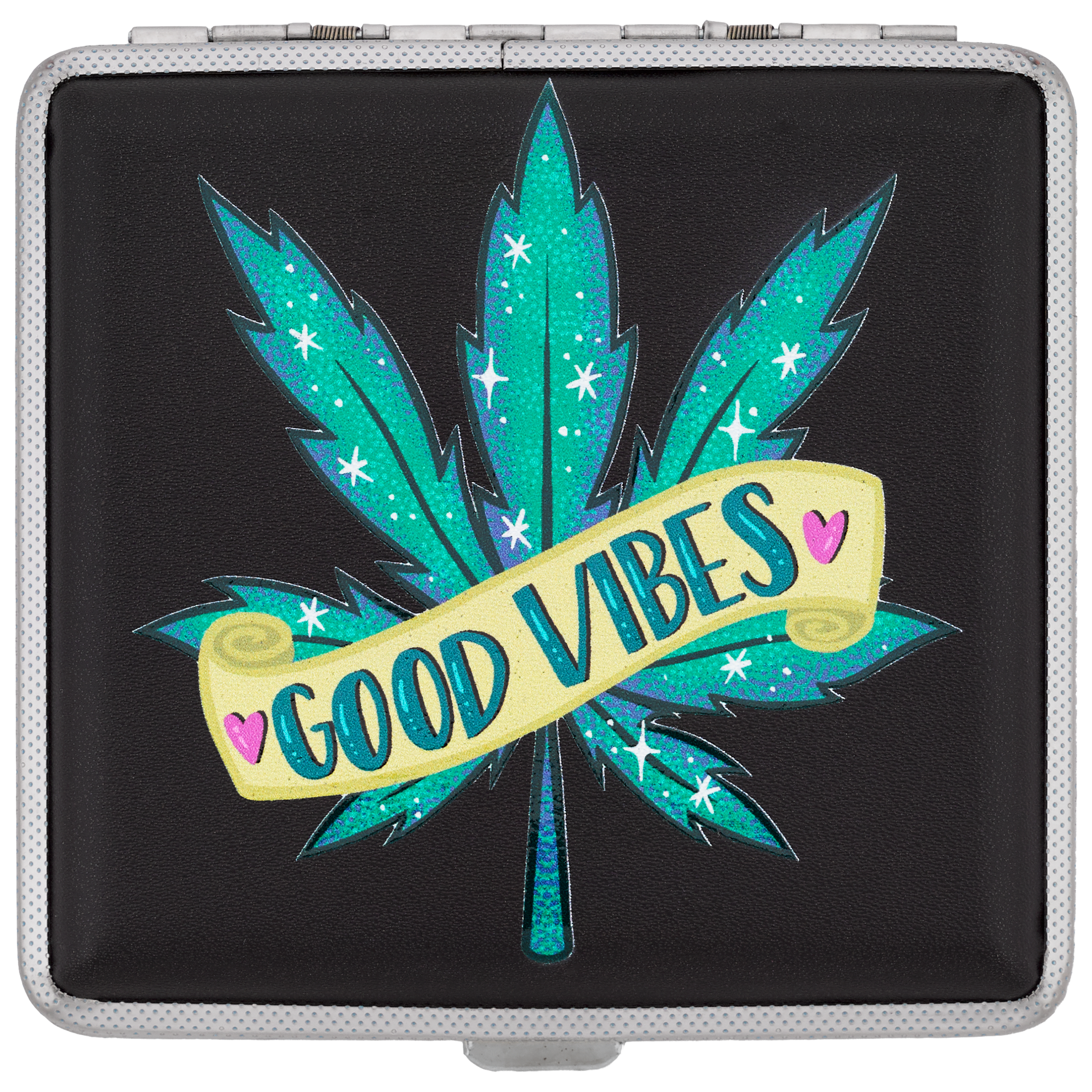 Good Vibes stash case, colorful cigarette and joint holder with teal leaf banner art