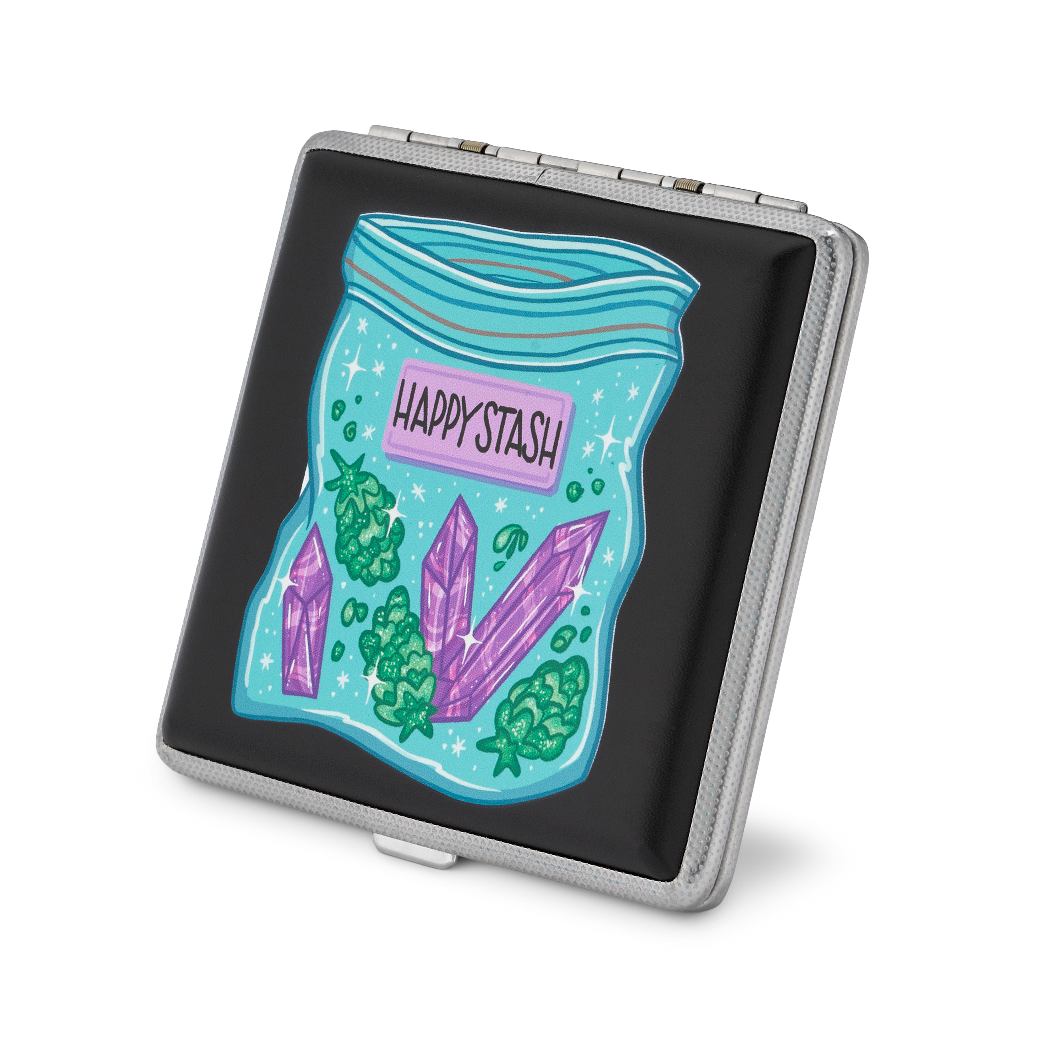 Happy stash case by Tarryn Ann, colorful joint case with cheerful artwork, closed