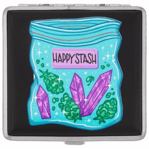 Happy Stash joint case by Tarryn Ann, black case with jar of crystals and buds art