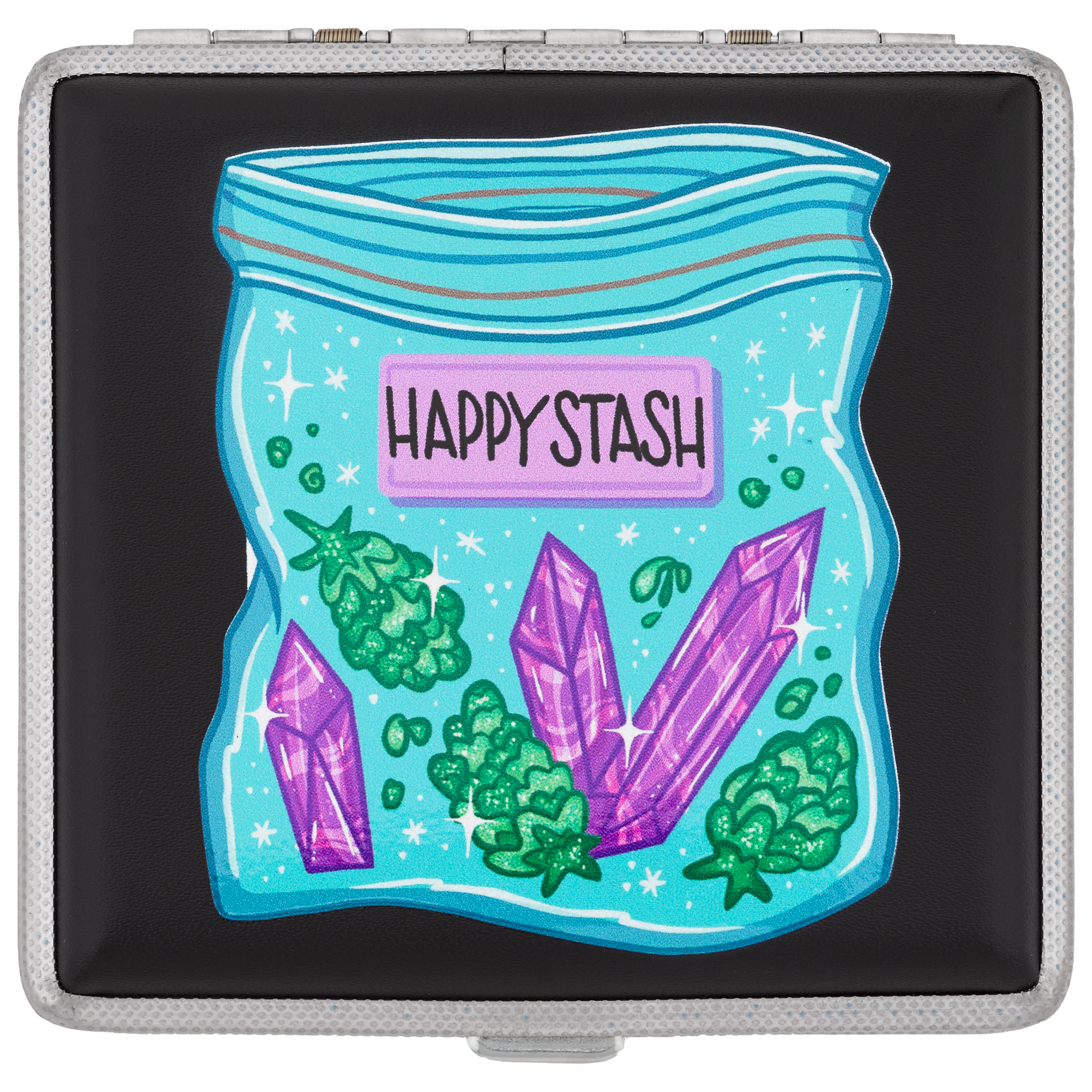 Happy Stash joint case by Tarryn Ann, black case with jar of crystals and buds art