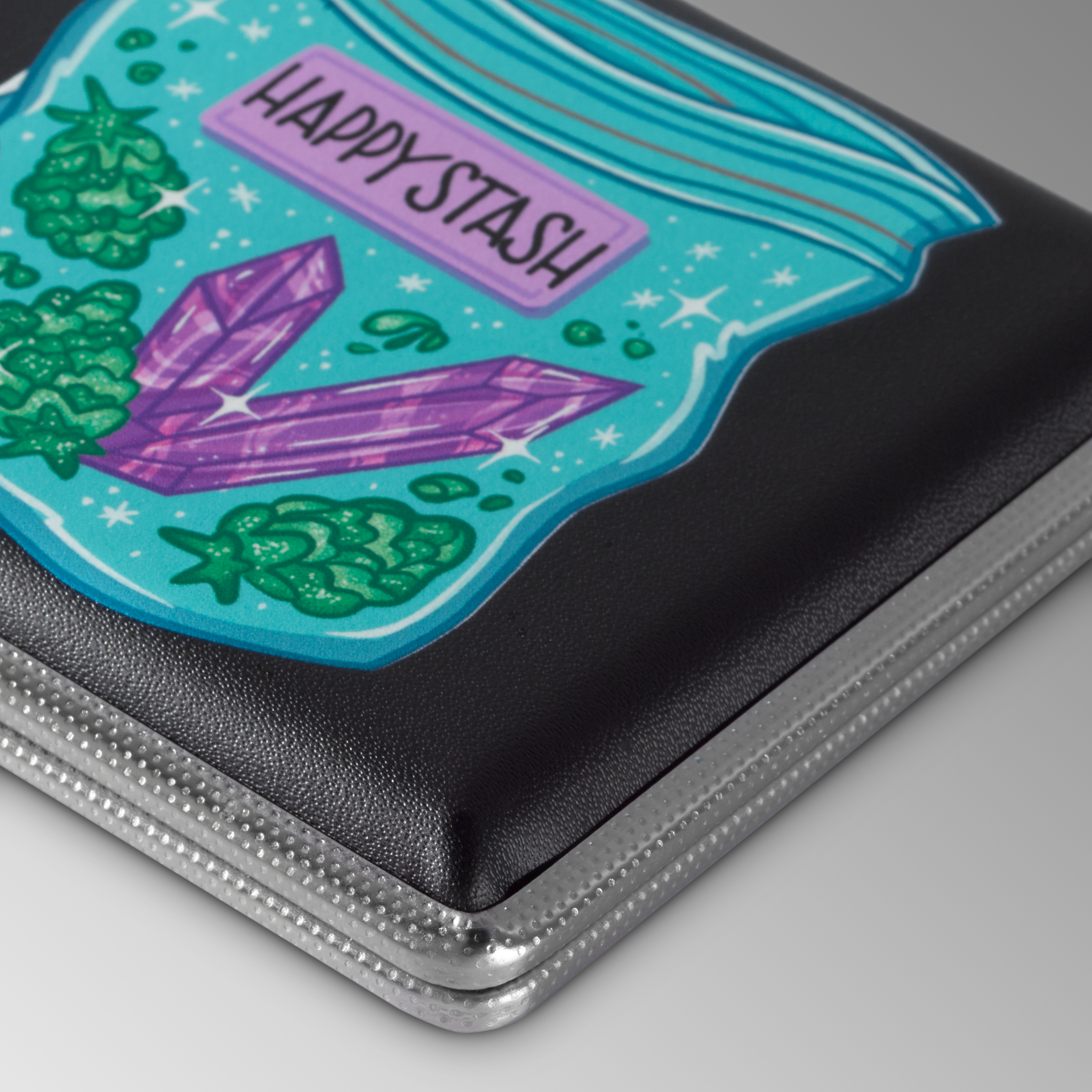Happy joint case by Tarryn Ann, close-up of the colorful cheerful artwork on the lid