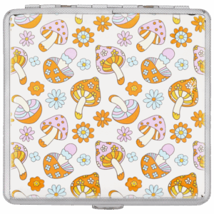 Retro Mushroom cigarette case, metal stash box with orange mushroom and floral print