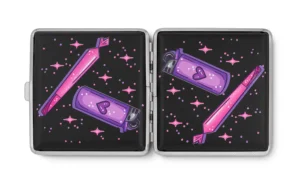 Puff Puff Pass stash case by Tarryn Ann, open case with purple potion artwork panels