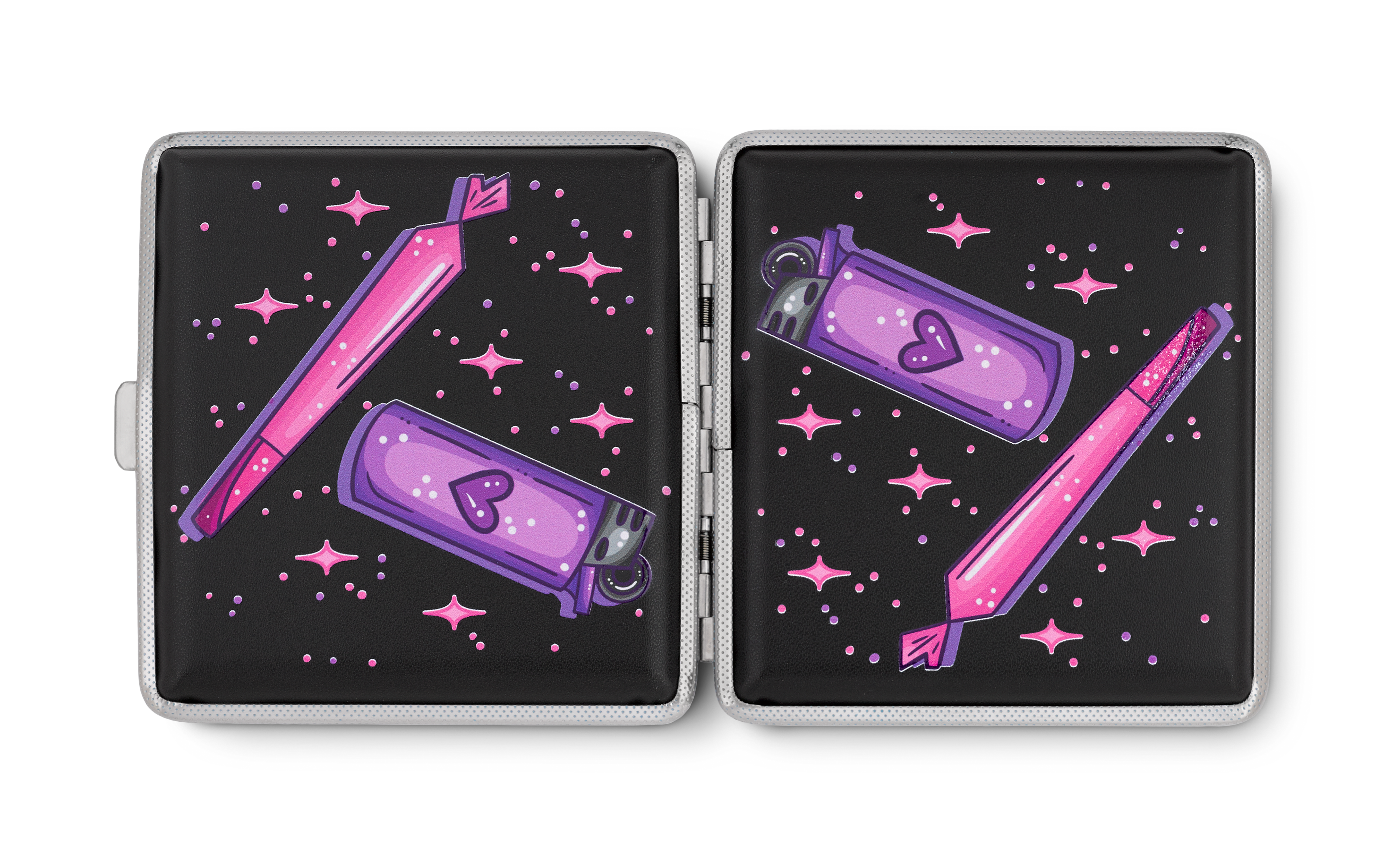 Puff Puff Pass stash case by Tarryn Ann, open case with purple potion artwork panels