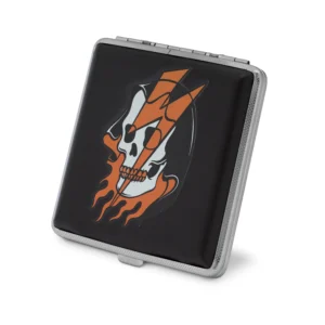 Return of the Death Ray stash case by Cannabitches, black case with orange skull art