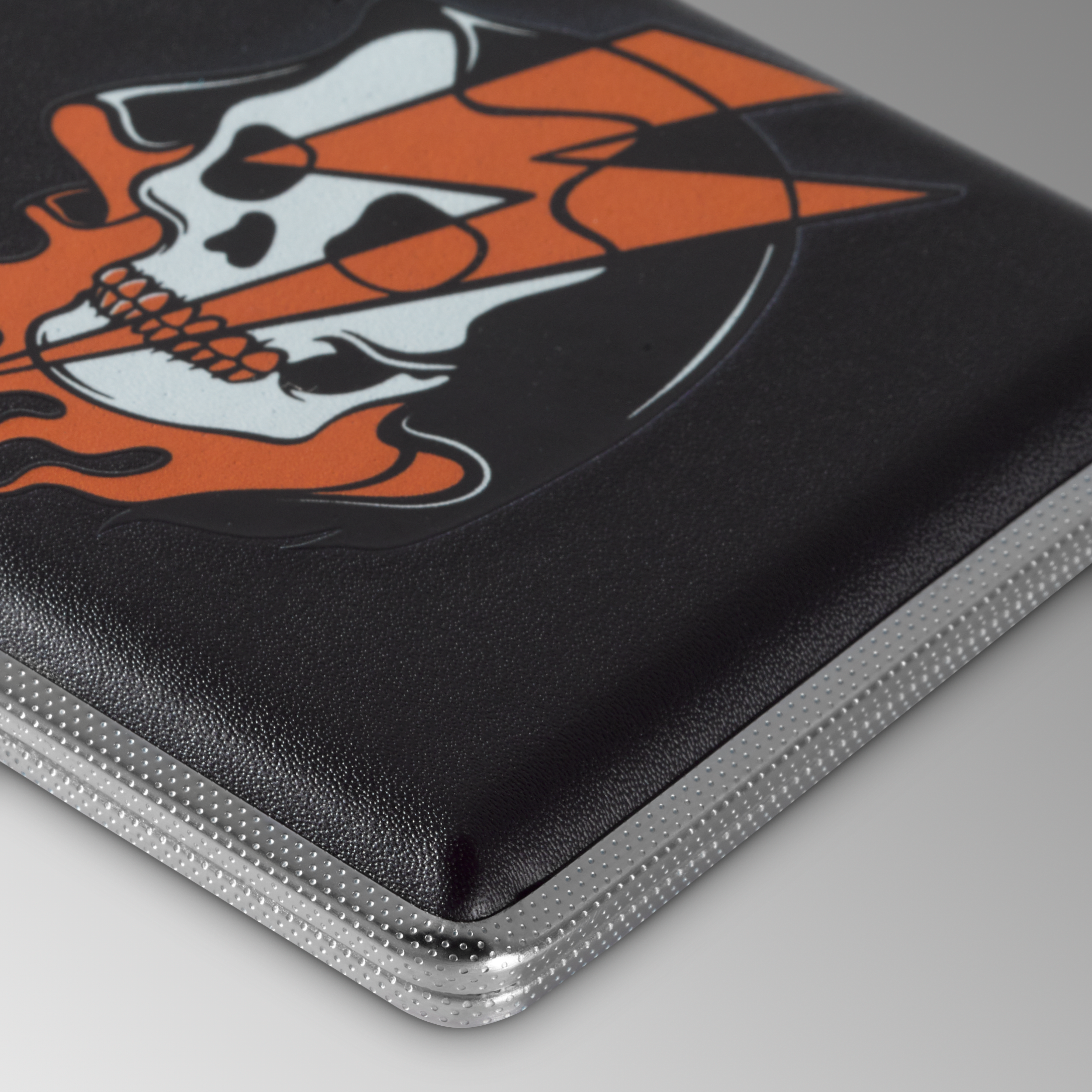 Return of the Death Ray stash case by Cannabitches, close-up of orange skull artwork