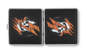 Return of the Death Ray stash case by Cannabitches, open with orange skull panels